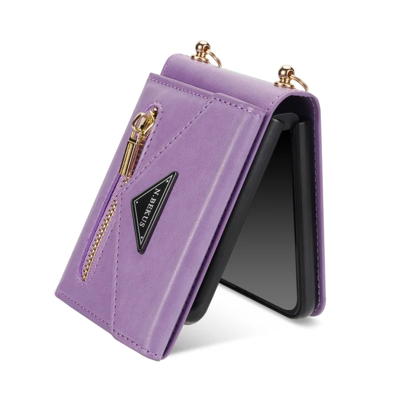 N.BEKUS pour Samsung Galaxy Z Flip7 5G Étui Porte-cartes à Fermeture Éclair en PU + PC avec Bandoulière - Violet