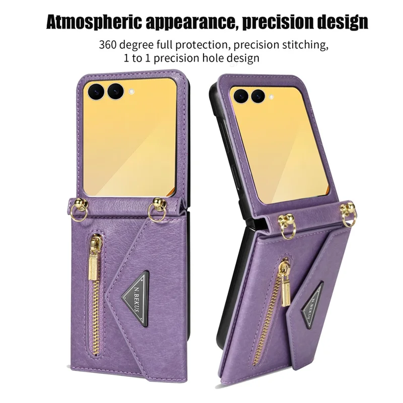 N.BEKUS pour Samsung Galaxy Z Flip7 5G Étui Porte-cartes à Fermeture Éclair en PU + PC avec Bandoulière - Violet