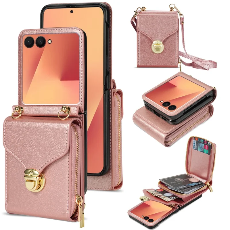 Cover a portafoglio con cerniera per Samsung Galaxy Z Flip7 5G in pelle PU e TPU PC con cinturino a tracolla - Oro Rosa