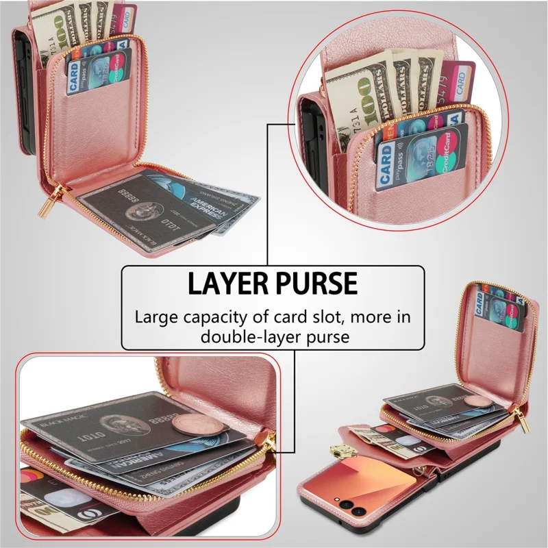Cover a portafoglio con cerniera per Samsung Galaxy Z Flip7 5G in pelle PU e TPU PC con cinturino a tracolla - Oro Rosa