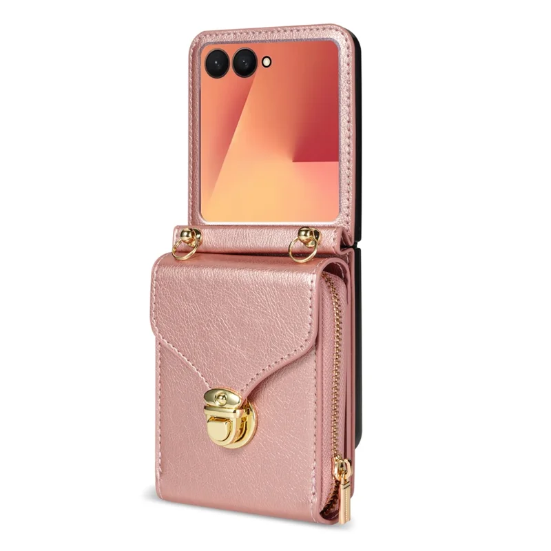 Cover a portafoglio con cerniera per Samsung Galaxy Z Flip7 5G in pelle PU e TPU PC con cinturino a tracolla - Oro Rosa