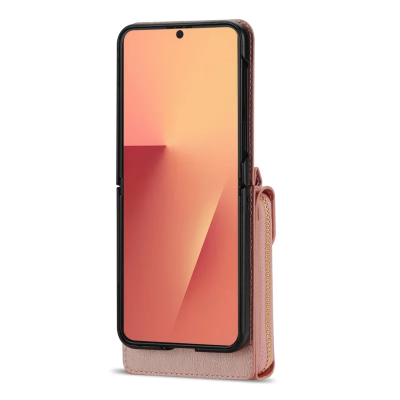 Cover a portafoglio con cerniera per Samsung Galaxy Z Flip7 5G in pelle PU e TPU PC con cinturino a tracolla - Oro Rosa