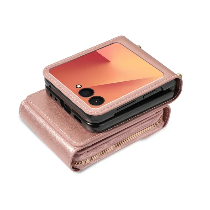 Cover a portafoglio con cerniera per Samsung Galaxy Z Flip7 5G in pelle PU e TPU PC con cinturino a tracolla - Oro Rosa