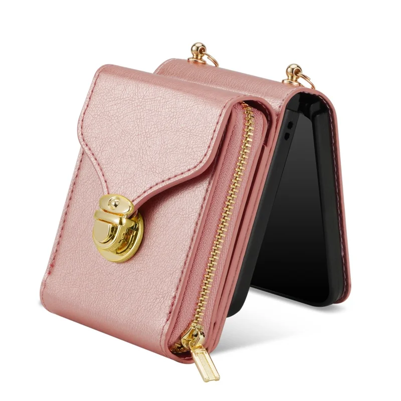 Cover a portafoglio con cerniera per Samsung Galaxy Z Flip7 5G in pelle PU e TPU PC con cinturino a tracolla - Oro Rosa