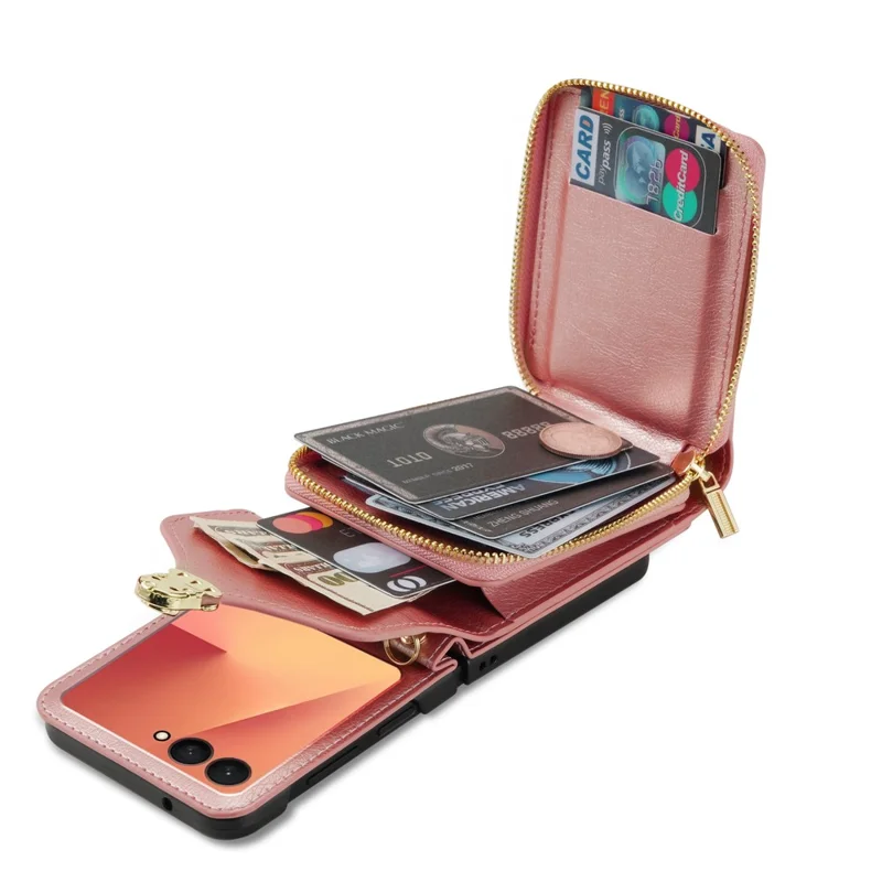 Cover a portafoglio con cerniera per Samsung Galaxy Z Flip7 5G in pelle PU e TPU PC con cinturino a tracolla - Oro Rosa