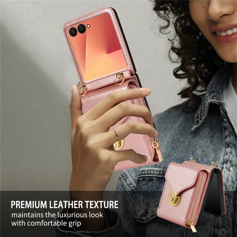 Cover a portafoglio con cerniera per Samsung Galaxy Z Flip7 5G in pelle PU e TPU PC con cinturino a tracolla - Oro Rosa