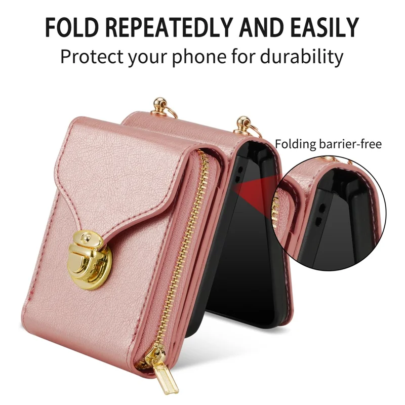 Cover a portafoglio con cerniera per Samsung Galaxy Z Flip7 5G in pelle PU e TPU PC con cinturino a tracolla - Oro Rosa