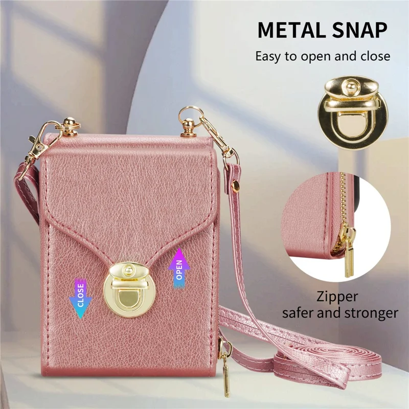 Cover a portafoglio con cerniera per Samsung Galaxy Z Flip7 5G in pelle PU e TPU PC con cinturino a tracolla - Oro Rosa