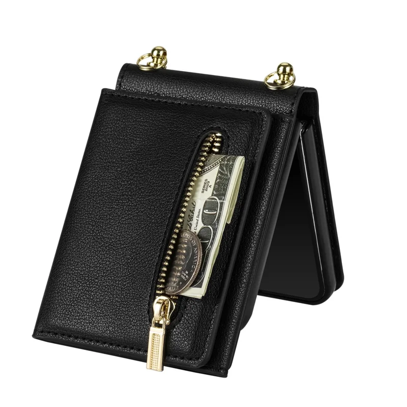 For Samsung Galaxy Z Flip7 5G Case Zipper Wallet PU + TPU + PC Phone Cover with Shoulder Strap - Black