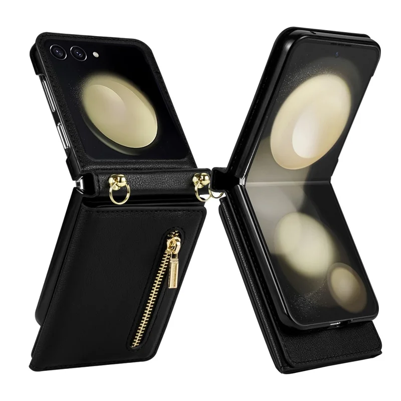 For Samsung Galaxy Z Flip7 5G Case Zipper Wallet PU + TPU + PC Phone Cover with Shoulder Strap - Black