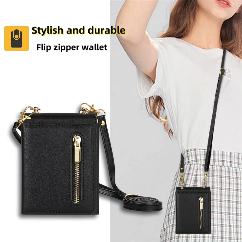 For Samsung Galaxy Z Flip7 5G Case Zipper Wallet PU + TPU + PC Phone Cover with Shoulder Strap - Black