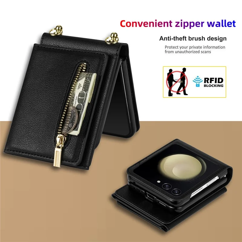 For Samsung Galaxy Z Flip7 5G Case Zipper Wallet PU + TPU + PC Phone Cover with Shoulder Strap - Black