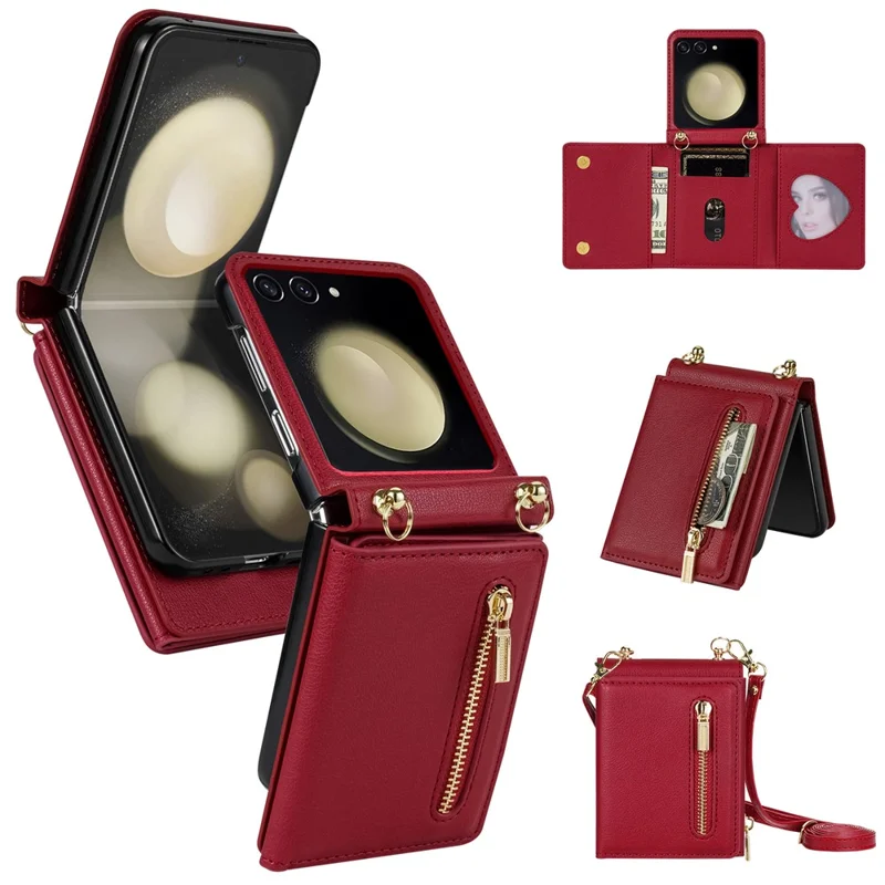 For Samsung Galaxy Z Flip7 5G Case Zipper Wallet PU + TPU + PC Phone Cover with Shoulder Strap - Red