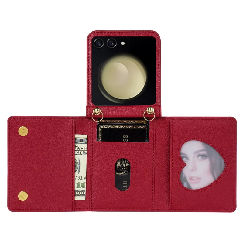 For Samsung Galaxy Z Flip7 5G Case Zipper Wallet PU + TPU + PC Phone Cover with Shoulder Strap - Red