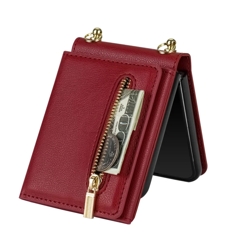 For Samsung Galaxy Z Flip7 5G Case Zipper Wallet PU + TPU + PC Phone Cover with Shoulder Strap - Red