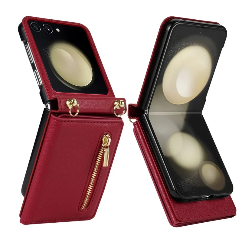 For Samsung Galaxy Z Flip7 5G Case Zipper Wallet PU + TPU + PC Phone Cover with Shoulder Strap - Red