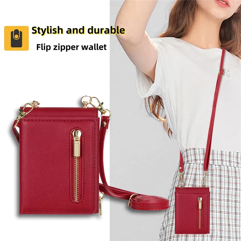 For Samsung Galaxy Z Flip7 5G Case Zipper Wallet PU + TPU + PC Phone Cover with Shoulder Strap - Red