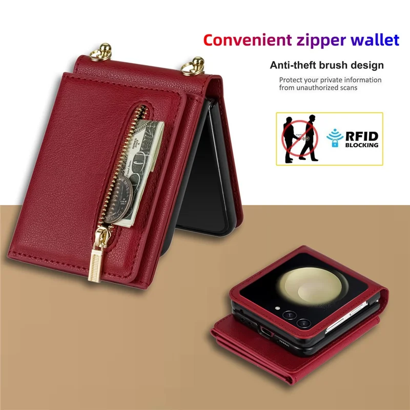 For Samsung Galaxy Z Flip7 5G Case Zipper Wallet PU + TPU + PC Phone Cover with Shoulder Strap - Red