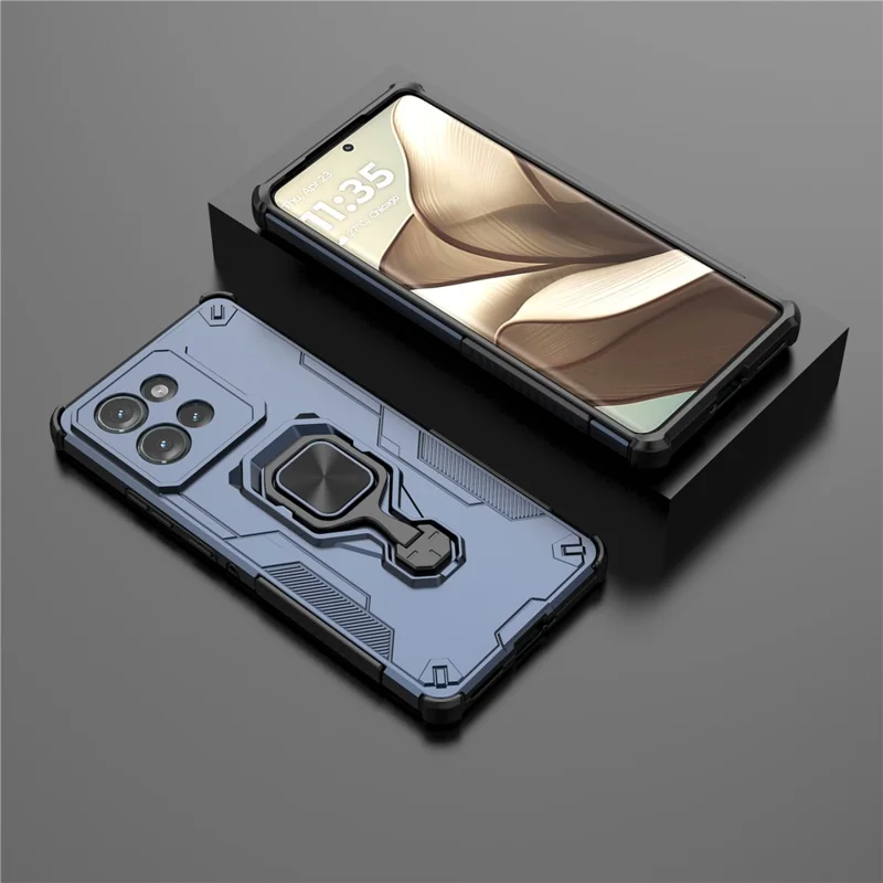 For Motorola Edge 50 5G Case Rotatable Ring Kickstand PC + TPU Shockproof Phone Cover - Navy Blue