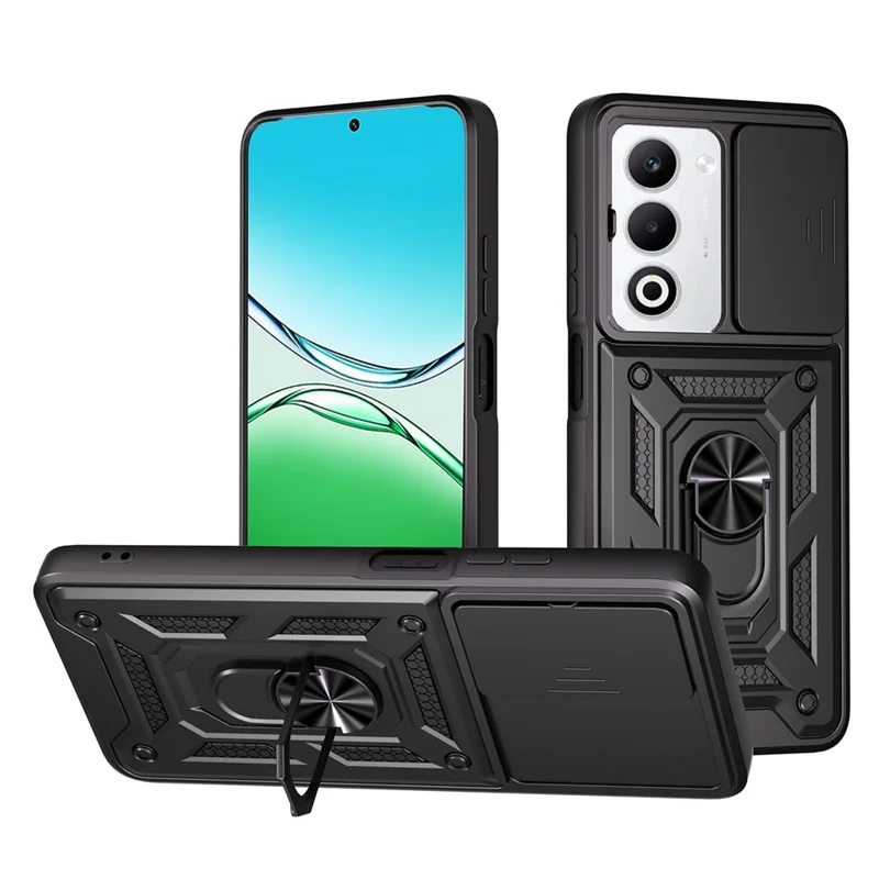 Funda para Oppo A5 5G con Tapa Deslizante para Cámara, Carcasa de PC + TPU con Soporte - Negro
