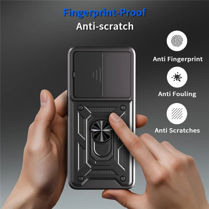 Funda para Oppo A5 5G con Tapa Deslizante para Cámara, Carcasa de PC + TPU con Soporte - Negro