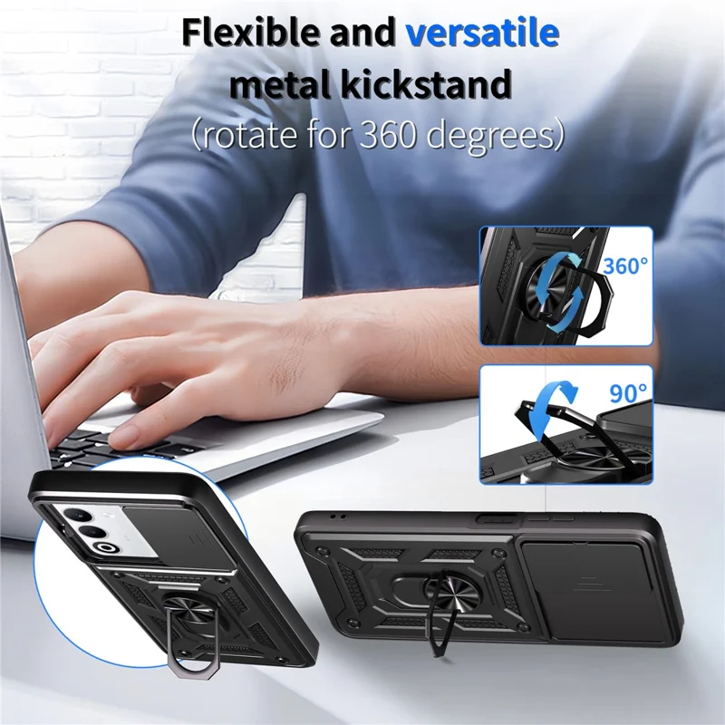 Funda para Oppo A5 5G con Tapa Deslizante para Cámara, Carcasa de PC + TPU con Soporte - Negro