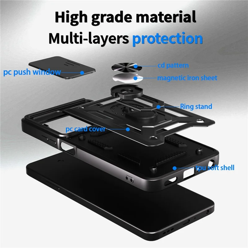 Funda para Oppo A5 5G con Tapa Deslizante para Cámara, Carcasa de PC + TPU con Soporte - Negro