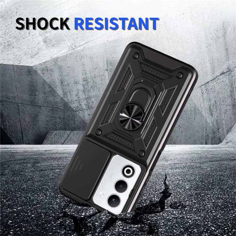 Funda para Oppo A5 5G con Tapa Deslizante para Cámara, Carcasa de PC + TPU con Soporte - Negro