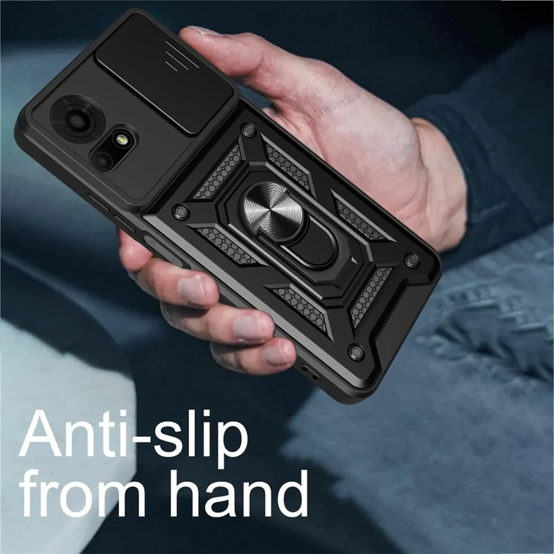 For TCL 50 LE Case with Slide Camera Lid PC + TPU Kickstand Phone Cover - Black