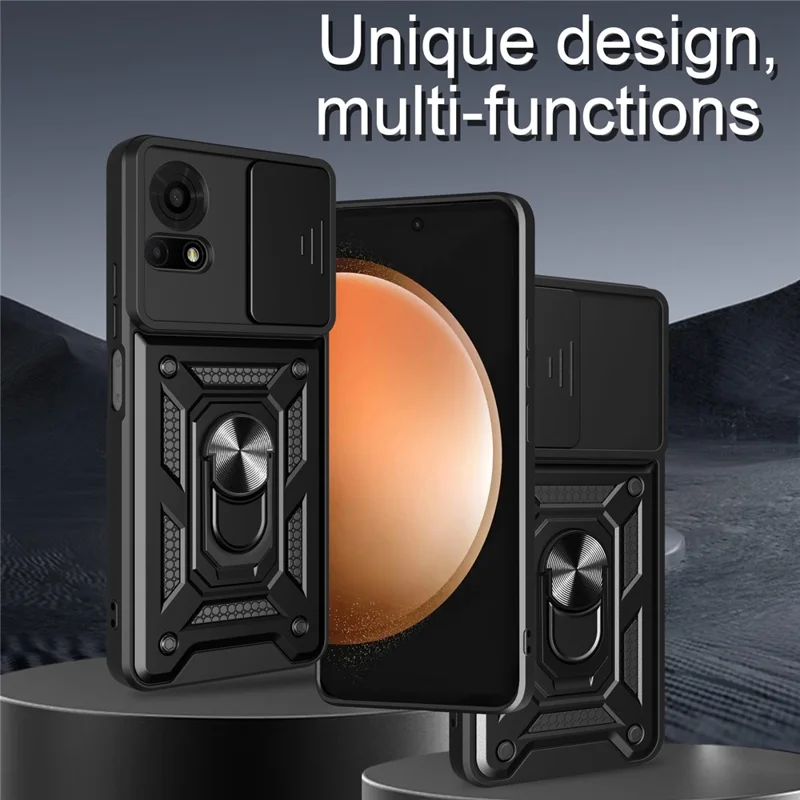 For TCL 50 LE Case with Slide Camera Lid PC + TPU Kickstand Phone Cover - Black