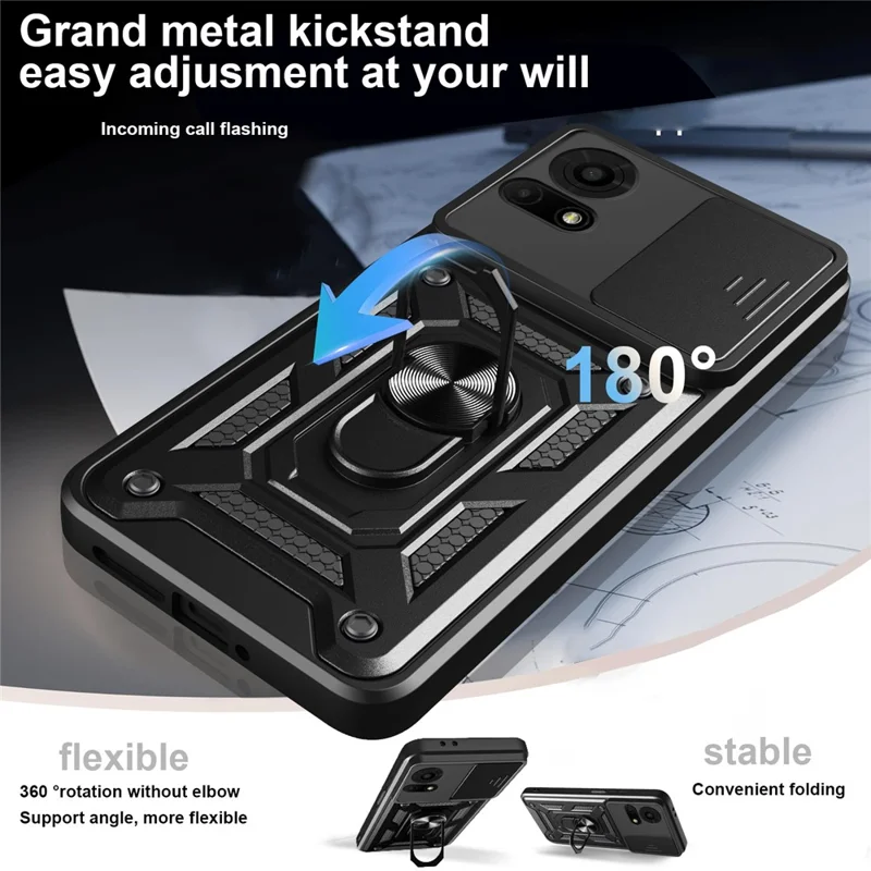 For TCL 50 LE Case with Slide Camera Lid PC + TPU Kickstand Phone Cover - Black