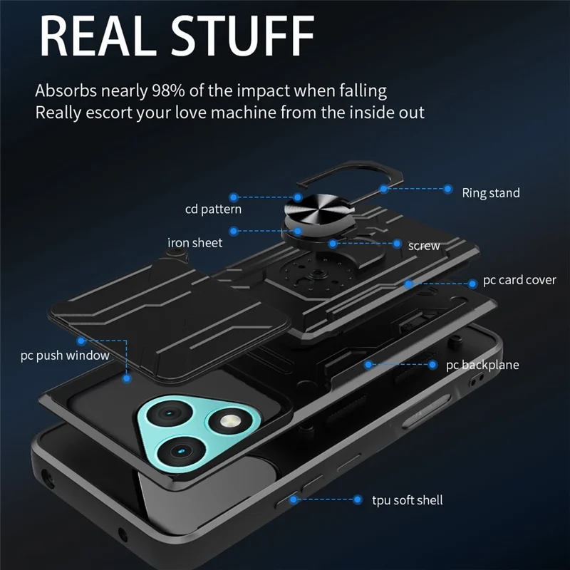 For Honor 400 Lite 5G Case PC + TPU Kickstand Phone Back Cover with Camera Slider - Black