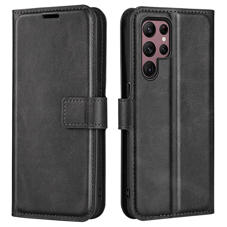 Pour Samsung Galaxy S23 Ultra Calf Texture Stand Wallet PU Leather Case Square Magnetic Clasp Folio Flip Phone Cover - Noir