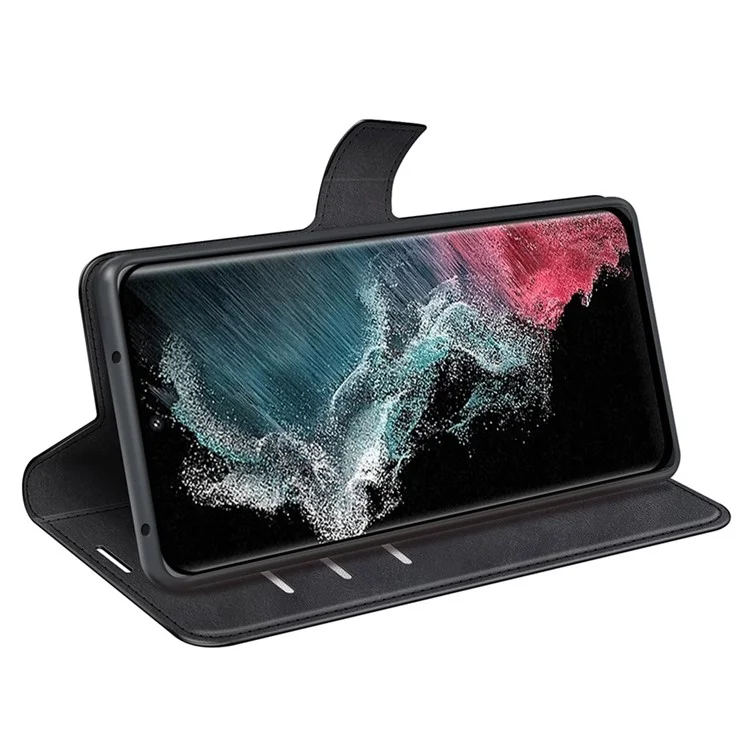 Pour Samsung Galaxy S23 Ultra Calf Texture Stand Wallet PU Leather Case Square Magnetic Clasp Folio Flip Phone Cover - Noir