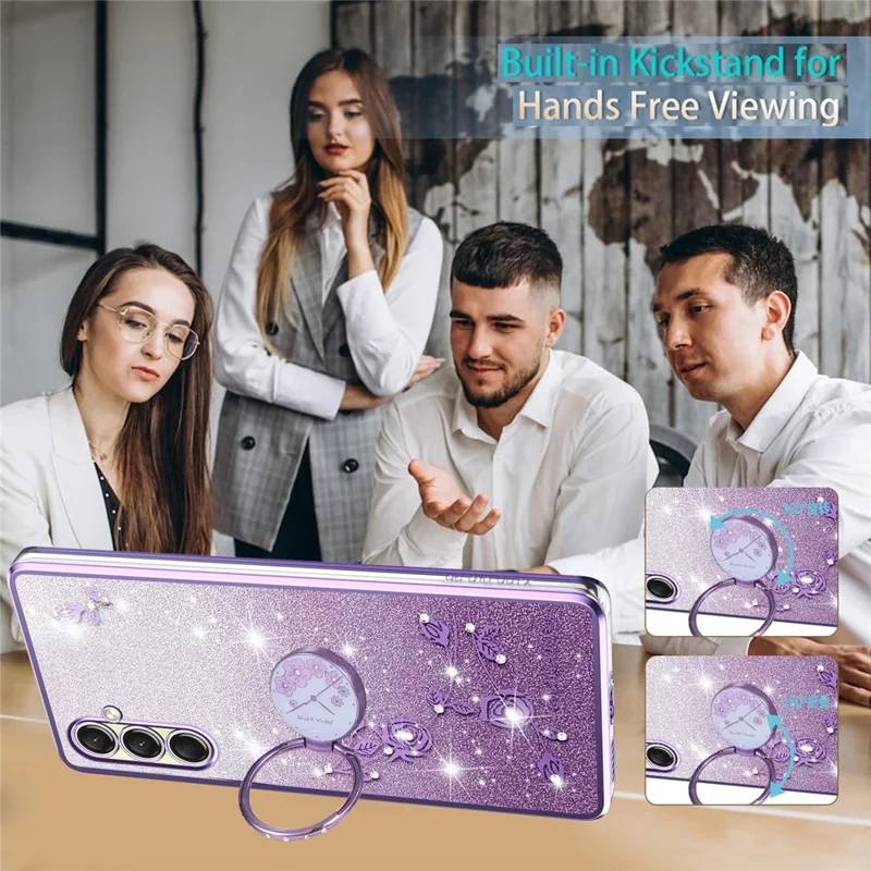 Capa KADEM para Samsung Galaxy A17 com Suporte de Anel, TPU com Flores, Capa de Telefone Degradê com Glitter - Roxo