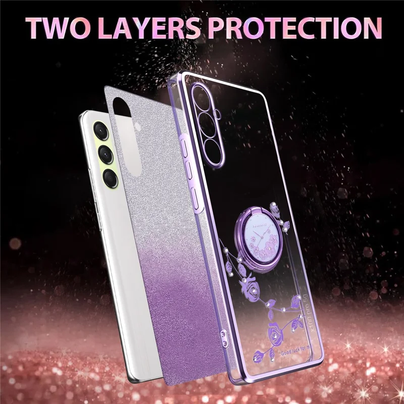 Capa KADEM para Samsung Galaxy A17 com Suporte de Anel, TPU com Flores, Capa de Telefone Degradê com Glitter - Roxo