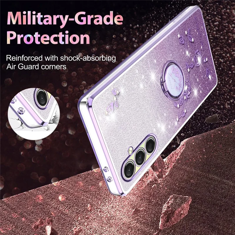 Capa KADEM para Samsung Galaxy A17 com Suporte de Anel, TPU com Flores, Capa de Telefone Degradê com Glitter - Roxo