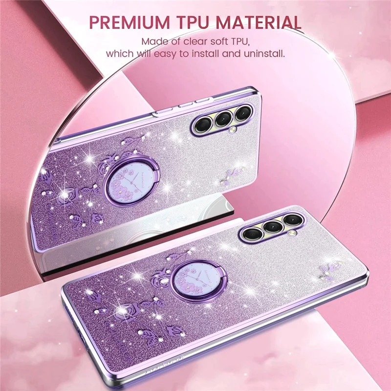 Capa KADEM para Samsung Galaxy A17 com Suporte de Anel, TPU com Flores, Capa de Telefone Degradê com Glitter - Roxo