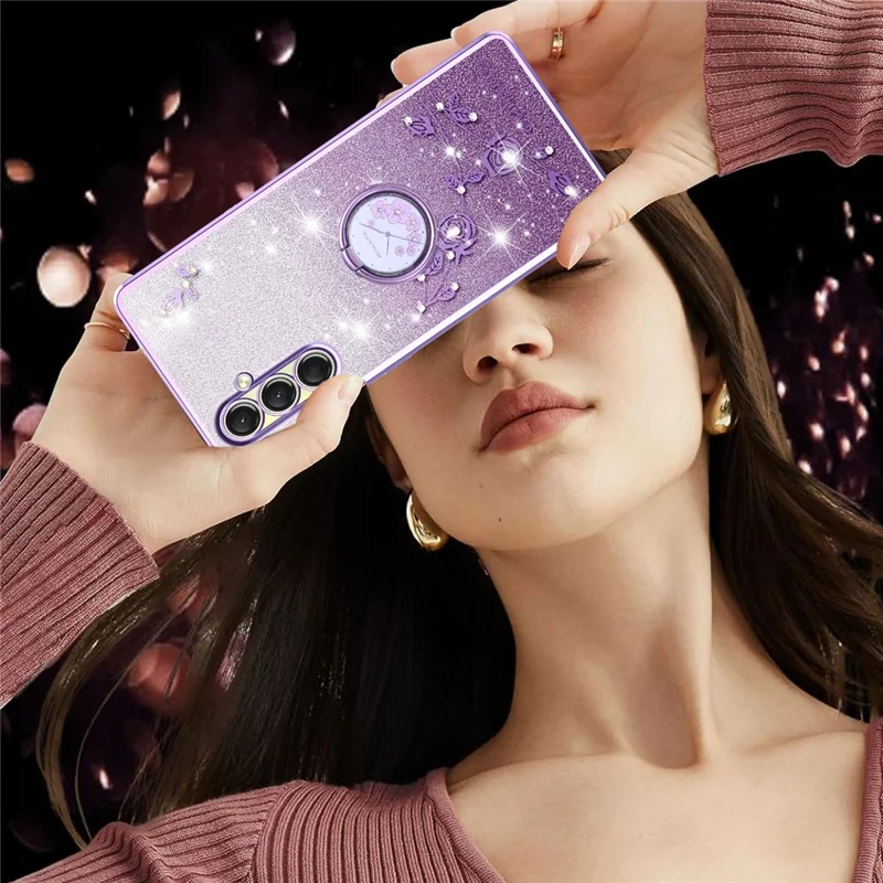 Capa KADEM para Samsung Galaxy A17 com Suporte de Anel, TPU com Flores, Capa de Telefone Degradê com Glitter - Roxo