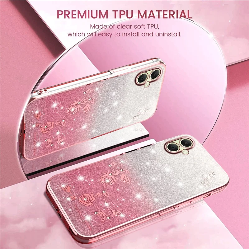 Capa KADEM para Samsung Galaxy A06 4G / 5G com Padrão Floral - TPU Flexível com Gradiente - Dourado Rosado