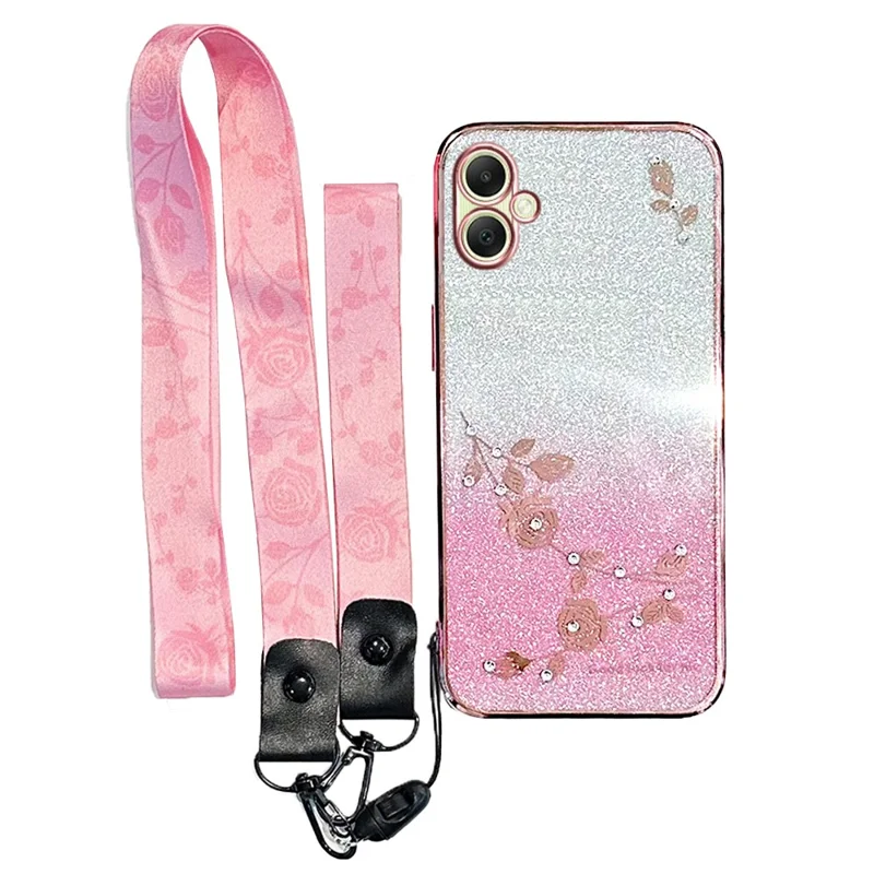 KADEM For Samsung Galaxy A06 4G Case Flower Pattern TPU Gradient Phone Cover with Lanyards - Rose Gold