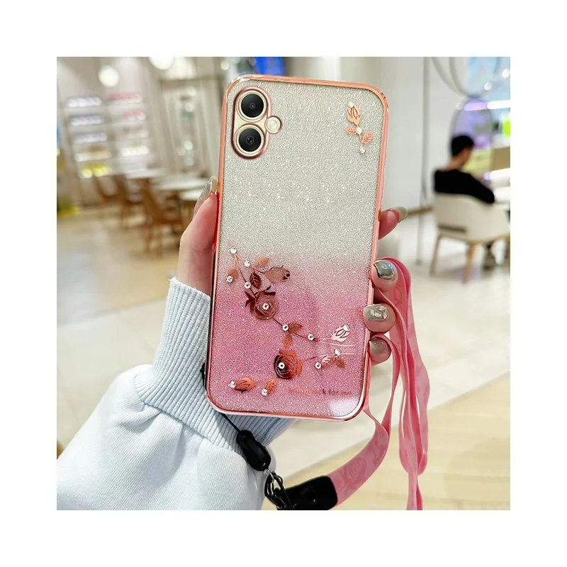 KADEM For Samsung Galaxy A06 4G Case Flower Pattern TPU Gradient Phone Cover with Lanyards - Rose Gold