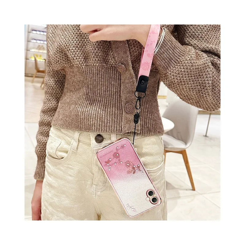 KADEM For Samsung Galaxy A06 4G Case Flower Pattern TPU Gradient Phone Cover with Lanyards - Rose Gold