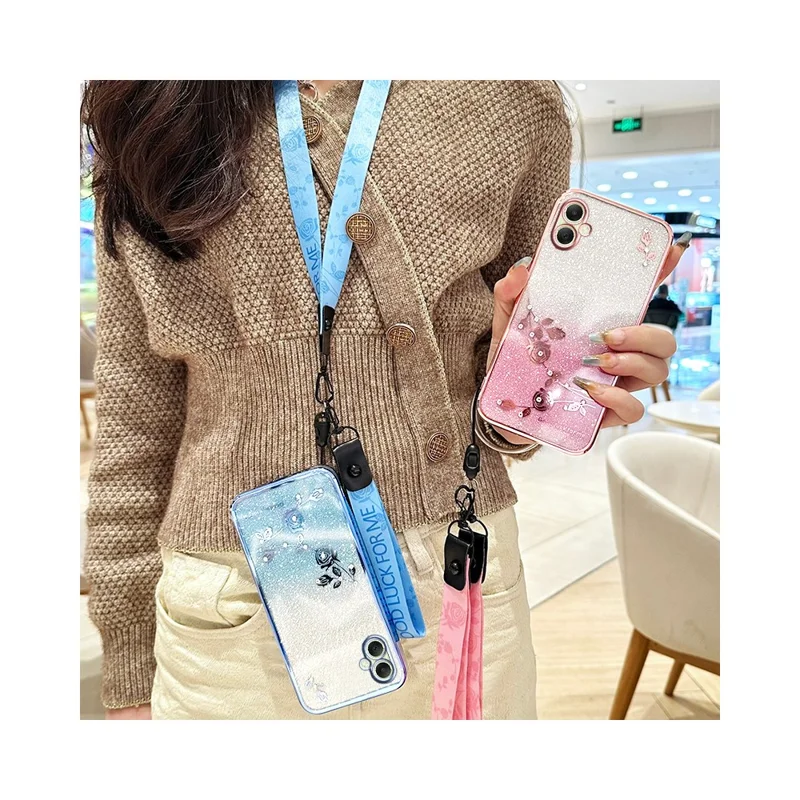 KADEM For Samsung Galaxy A06 4G Case Flower Pattern TPU Gradient Phone Cover with Lanyards - Rose Gold