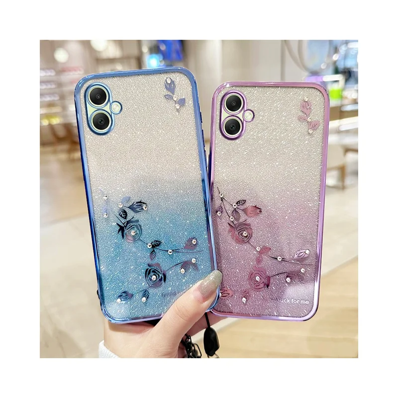 KADEM For Samsung Galaxy A06 4G Case Flower Pattern TPU Gradient Phone Cover with Lanyards - Rose Gold