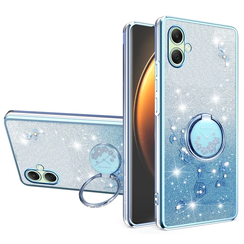 KADEM For Samsung Galaxy A07 4G Case Ring Kickstand TPU Flowers Phone Cover Gradient Glitter - Blue