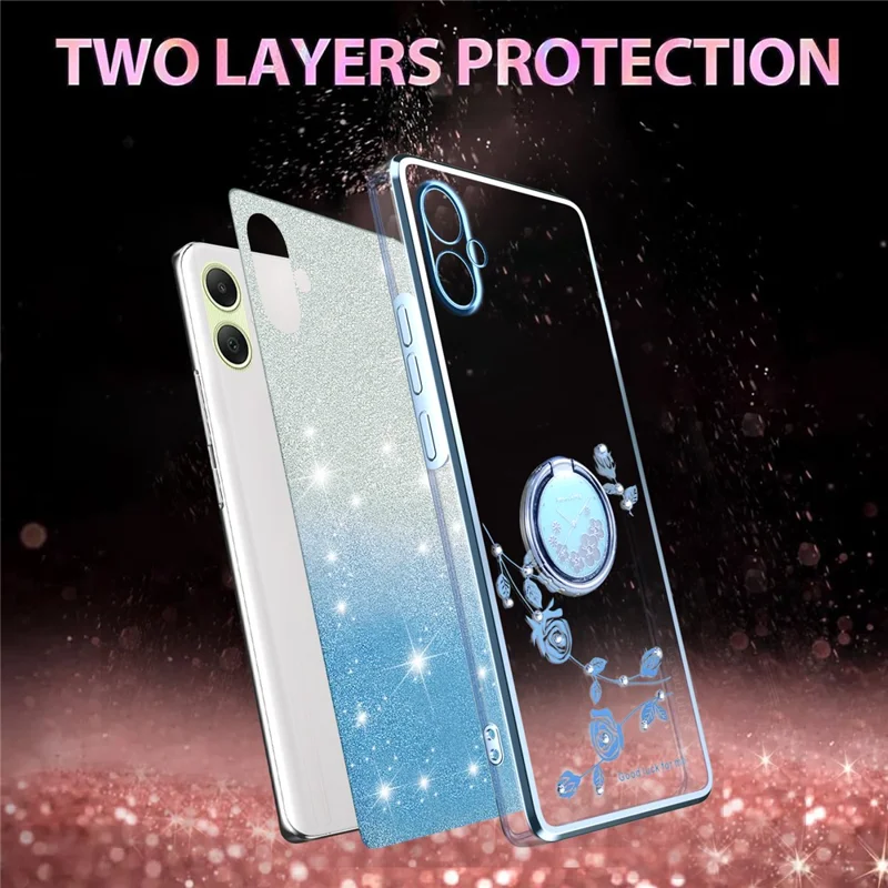 KADEM For Samsung Galaxy A07 4G Case Ring Kickstand TPU Flowers Phone Cover Gradient Glitter - Blue
