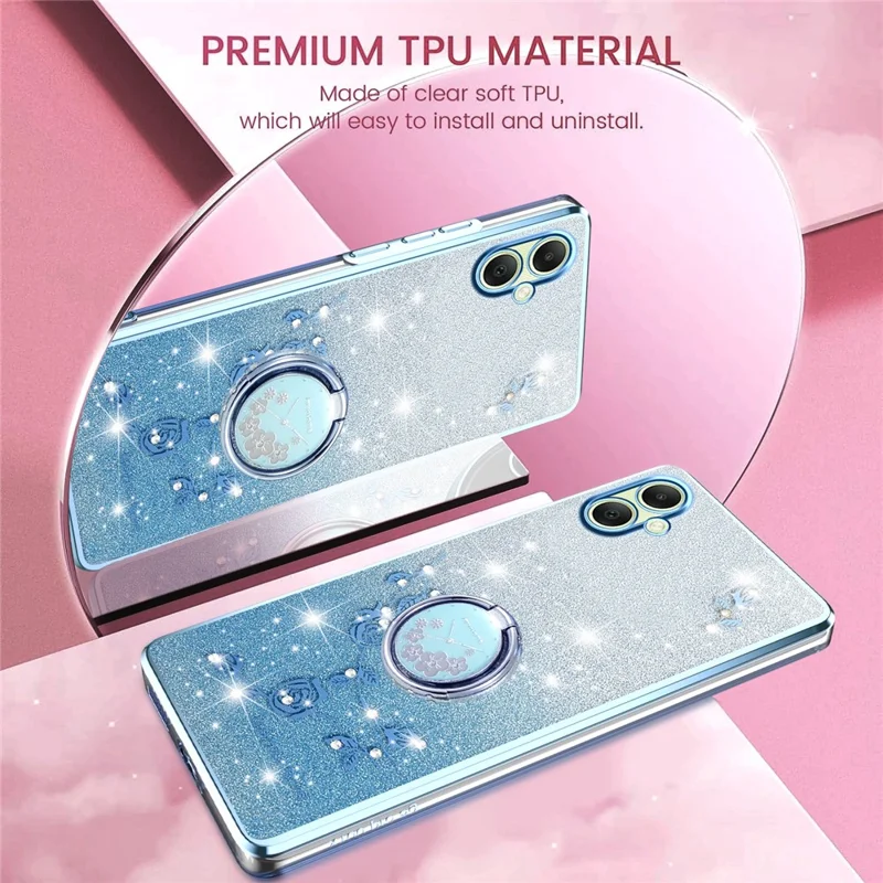 KADEM For Samsung Galaxy A07 4G Case Ring Kickstand TPU Flowers Phone Cover Gradient Glitter - Blue