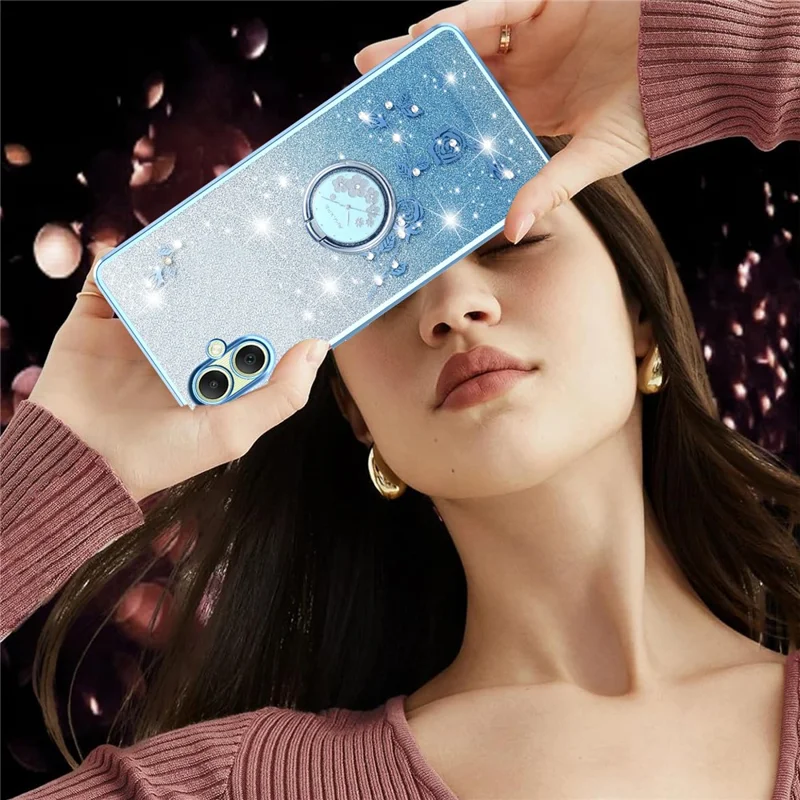 KADEM For Samsung Galaxy A07 4G Case Ring Kickstand TPU Flowers Phone Cover Gradient Glitter - Blue