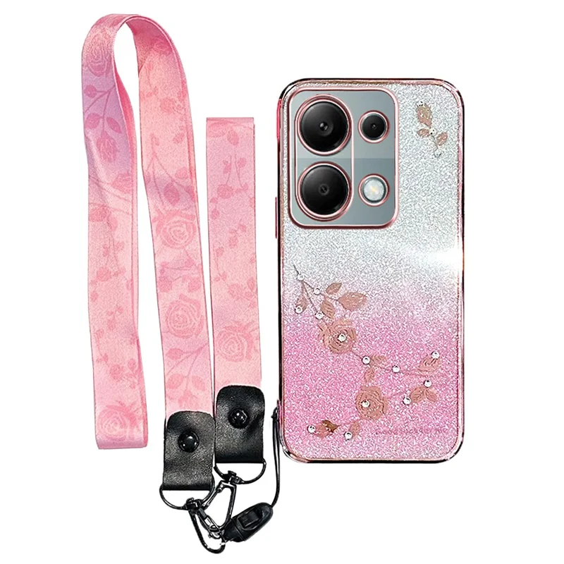 KADEM Cover per Xiaomi Redmi Note 13 Pro 4G / Note 14S 4G / Poco M6 Pro 4G, Cover TPU Sfumata con Motivo Floreale e Cordino - Oro Rosa